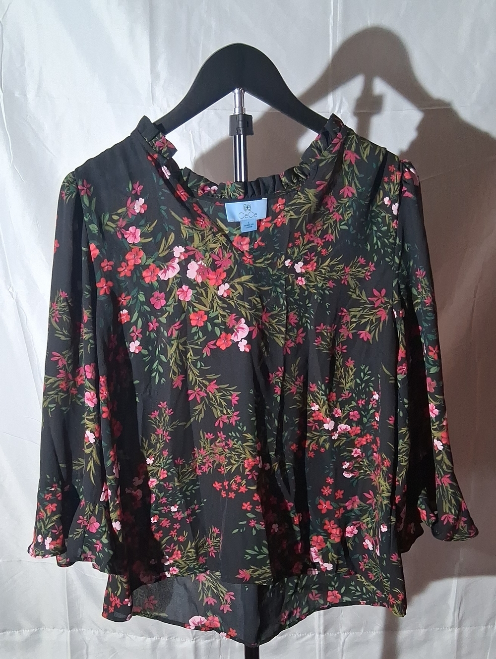 CeCe Black Floral Ruffle-Neck Blouse